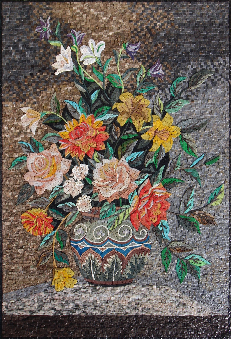 Floral Mosaic Wall Art: Handmade Marble Tile Vase Decor (40” X 28”) - Etsy