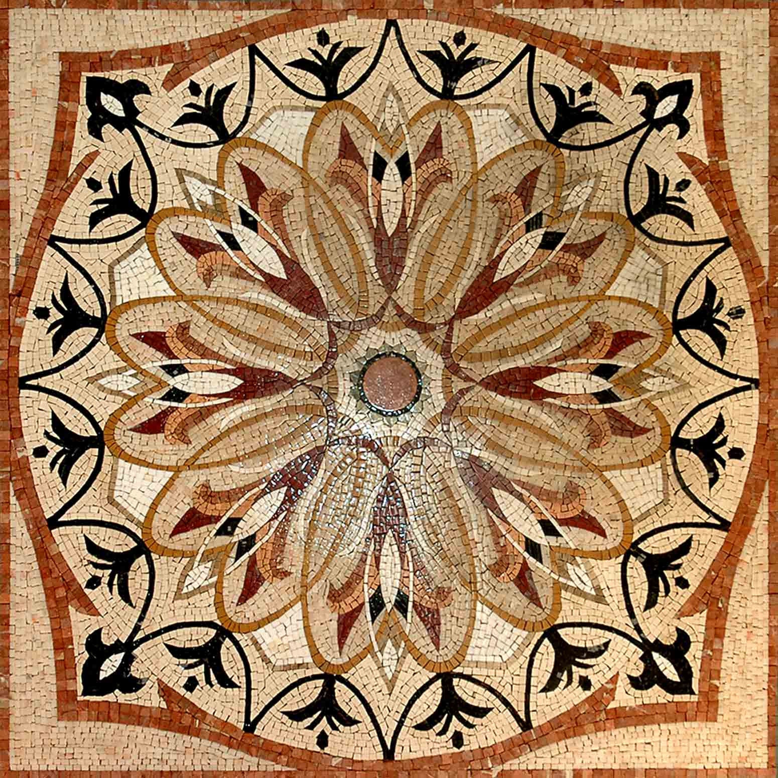 40” MEDALLION MOSAIC TILES | Botanical Floral Art work Mosaic Floor Tiles For House Warming | Marble For Interior And Outdoor Hallway Entry