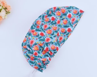 Floral Euro scrub caps, Floral ponytail scrub cap, Summer scrub cap with ponytail holder, Scrub caps for women. Satin Lined scrub cap.
