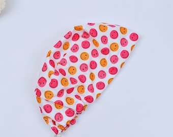 Happy Smiley face Euro Scrub Cap for Women, Surgical cap Satin Lined Option, Satin lined scrub cap. Scrub cap in 3 Styles.