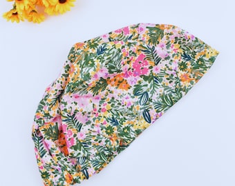 Flower Euro Scrub Cap for women, Floral Euro Scrub Cap, Surgical cap Satin Lined Option. Satin lined scrub cap.