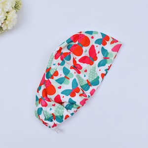Butterflies Euro Scrub Cap for Women, Surgical cap Satin Lined Option. Satin lined scrub cap. Scrub cap in 3 Styles.