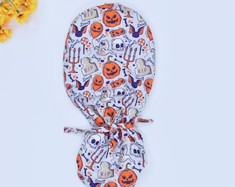 Halloween Euro Scrub Cap für Frauen, gruselige Euro Scrub Cap, Boo Print Halloween Pferdeschwanz Scrub Cap für Frauen, chirurgische Haube, Horror Scrub Cap