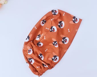 Dog face with bone Euro Style scrub cap, Pet Face ponytail scrub cap, Scrub cap with ponytail holder, Satin Lined Option, 3 STYLE scrub cap.