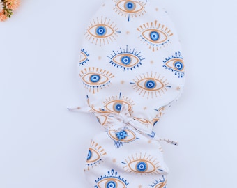 Evil Eye ponytail scrub cap, Summer scrub cap with ponytail holder, Surgical cap with ponytail, Scrub caps for women, Satin Lined Scrub cap