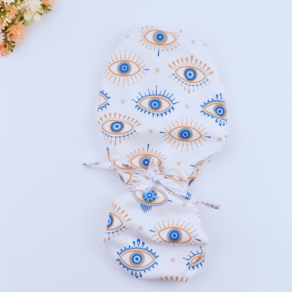 Boze oog-scrubmuts paardenstaart, zomerscrubmuts met paardenstaarthouder, operatiemuts met paardenstaart, scrubmutsen voor vrouwen, scrubmuts met satijnen voering