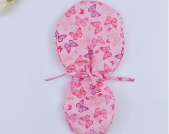 Butterflies on Pink Ponytail Scrub Cap for Long Hair, Blue Purple, Buttons and Satin Lining Option, Euro Pony, Surgical Cap, Night Flight