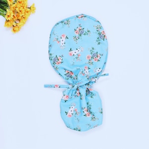 Blue Floral Ponytail scrub cap, Flower Surgical cap women. Satin Lined Option Surgical cap, Floral Euro scrub cap, Scrub caps for women.
