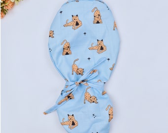 Cat Ponytail scrub cap, Surgical cap women. Satin Lined Option Surgical cap with ponytail, Scrub caps for women, Satin Lined scrub caps.
