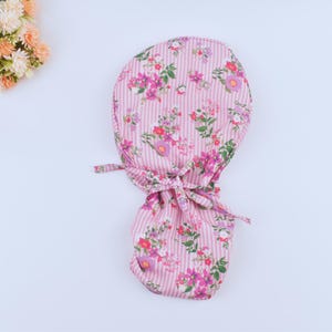 Pink Floral Ponytail scrub cap, Scrub cap with ponytail holder, Surgical cap with ponytail, Scrub caps for women, Satin Lined, 3 STYLE cap.
