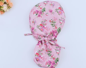 Pink Floral Ponytail scrub cap, Scrub cap with ponytail holder, Surgical cap with ponytail, Scrub caps for women, Satin Lined, 3 STYLE cap.