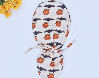 Halloween Euro Scrub Cap for Women, Halloween Ghosts Ponytail Scrub Cap for Women, Spooky Pumpkin Fall Surgical Hat, Lined Option, Scrub cap