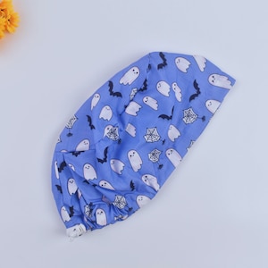 Halloween Euro Scrub Cap for Women, Halloween Boo Ghosts on Purple Ponytail Scrub Cap for Women, Spooky Fall Surgical Hat Satin Lined Option