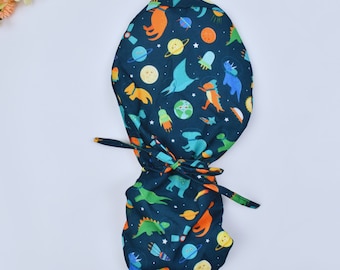 Dinosaur Ponytail scrub cap, Ponytail scrub cap, Surgical cap women. Satin Lined Option Surgical cap with ponytail, Satin Lined scrub caps.