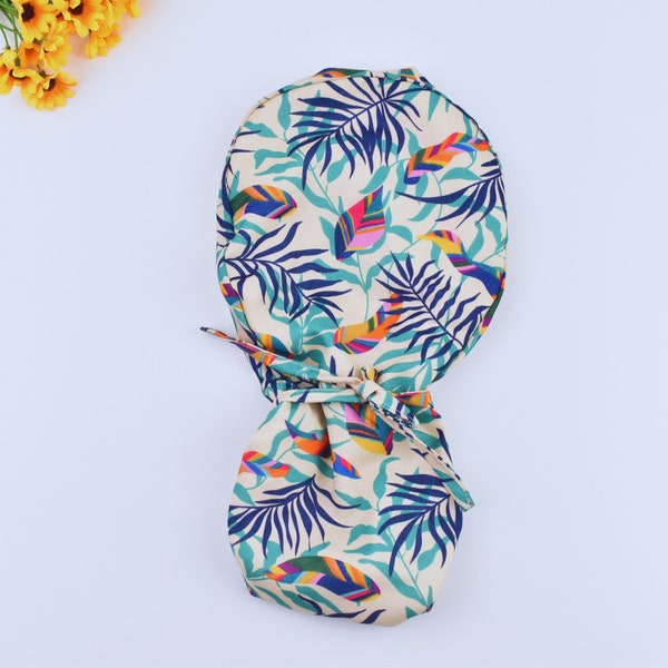 Tropical Forest Leaves Ponytail scrub cap, Surgical cap women ponytail, satin lined Euro style Scrub Caps For Women, Surgical Cap.