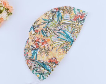 Floral Euro scrub caps, Floral ponytail scrub cap, Summer scrub cap with ponytail holder, Scrub caps for women. Satin Lined scrub cap.