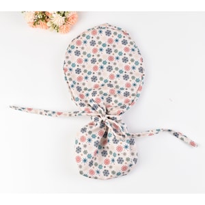 Christmas ponytail scrub cap for women, Surgical cap with ponytail, Snowflakes surgical cap. Christmas Euro scrub cap, Satin Lined Option