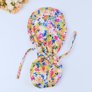 Floral ponytail scrub cap for women, Summer scrub cap with ponytail holder. Satin Lined Option Scrub Cap, scrub cap in 3 STYLES