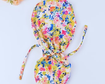 Floral ponytail scrub cap for women, Summer scrub cap with ponytail holder. Satin Lined Option Scrub Cap, scrub cap in 3 STYLES