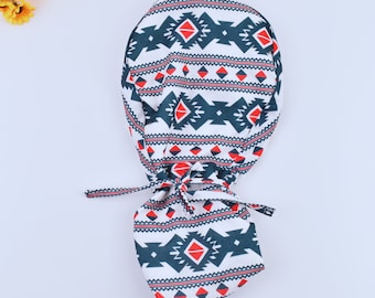 Aztec Tribal pattern Ponytail scrub cap, Surgical cap women. Surgical cap with ponytail, satin lined Euro style Scrub Caps For Women,