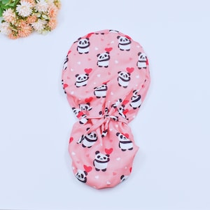 Valentine&#39;s Day Ponytail scrub cap, Euro scrub cap, Heart with Panda ponytail scrub cap for women, Pink Surgical cap, veterinarian gift.