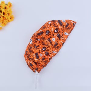 Halloween Euro Scrub Cap for Women, Halloween Boo Ghosts on Orange Ponytail Scrub Cap for Women, Spooky Fall Surgical Hat Satin Lined Option