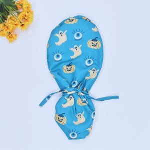 Halloween Euro Scrub Cap for Women, Halloween Boo Ghosts on Blue Ponytail Scrub Cap for Women, Spooky Fall Surgical Hat Satin Lined Option