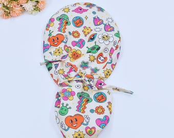 Valentine's day Heart Euro Scrub Cap for Women, Heart Space Alien Surgical cap with Satin Lined Option, Valentine's day Ponytail scrub cap.