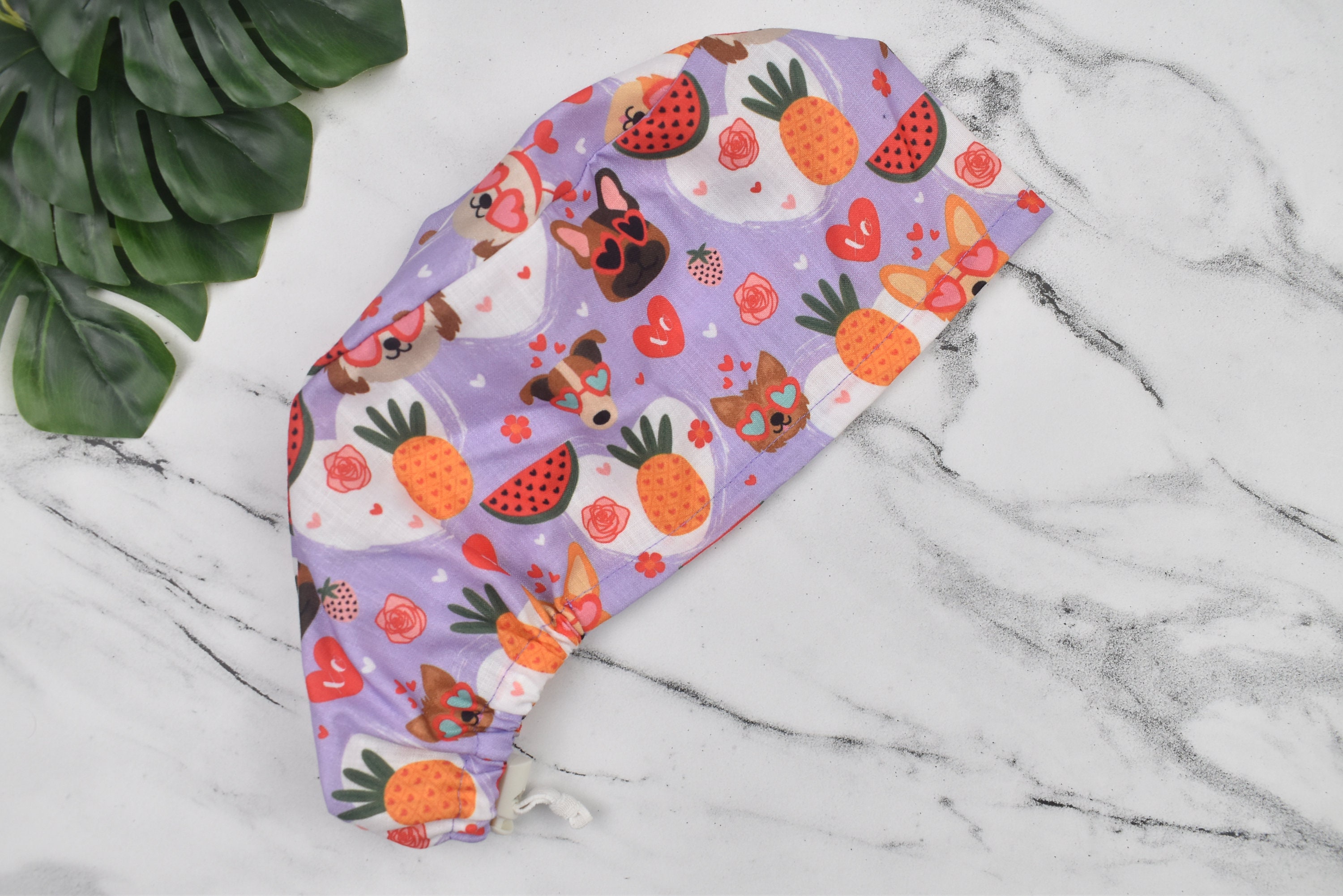 Funny Dogs Euro Scrub Cap for Women, Surgical cap Satin Lined Option. Satin lined scrub cap.