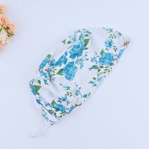 Floral Blue Euro Scrub cap, Bunny Floral Ponytail scrub cap, Floral Blue Surgical Cap, Surgical cap women. Satin Lined scrub cap.