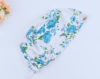 Floral Blue Euro Scrub cap, Bunny Floral Ponytail scrub cap, Floral Blue Surgical Cap, Surgical cap women. Satin Lined scrub cap.