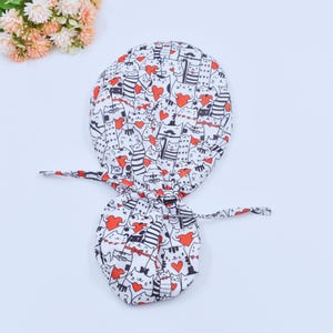 Valentine&#39;s Day Cat Ponytail scrub cap, Euro scrub cap for women, Ponytail scrub cap for women. Kitty Satin Lined Surgical cap with ponytail