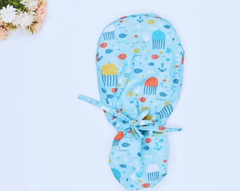 Ocean Blue jellyfish, fish Ponytail scrub cap, Surgical cap women. Satin Lined Option Surgical cap with ponytail. Sea Beauty Euro scrub caps