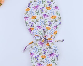 Floral ponytail scrub cap, Summer scrub cap with ponytail holder, Scrub caps for women ponytail, Dentist surgery cap, Satin Lined scrub cap.