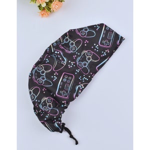 Gaming Euro Scrub Caps, Game controller Surgical Scrub Hats, Optional Satin Lining and Buttons, 100% Cotton, European Scrub Cap with Toggle