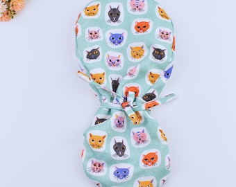 Cat Ponytail scrub cap, Cat face Ponytail scrub cap. Women Surgical cap with ponytail, Scrub caps for women ponytail. Satin Lined Scrub cap