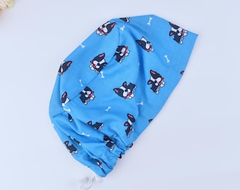 Gorro quirúrgico estilo europeo con diseño de cachorro de Boston Terrier, gorro quirúrgico con coleta y diseño de cara de mascota, gorro quirúrgico con sujetador de coleta, opción con forro de satén, gorro quirúrgico 3STYLE