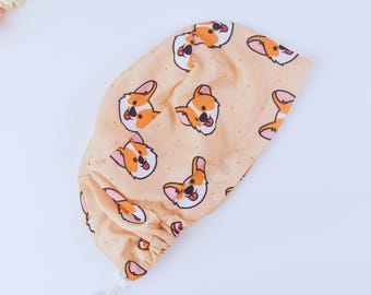 Golden Retriever Dog face Euro scrub cap, Scrub cap with ponytail holder. Dog Ponytail scrub cap, Satin Lined Scrub cap, 3 STYLE scrub caps.