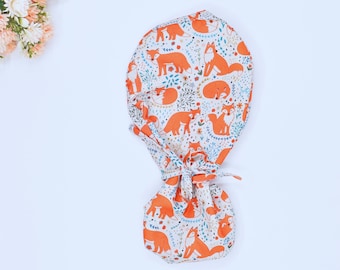 Wild animals Fox ponytail scrub cap, Fox Surgical cap. Surgical cap with ponytail. Satin Lined scrub cap. Wild animals Fox Euro scrub cap.