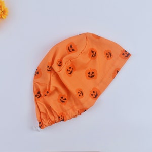 Halloween Euro Scrub Cap for Women, Pumpkin Euro scrub cap, Surgical cap Satin Lined Option, Satin lined scrub cap