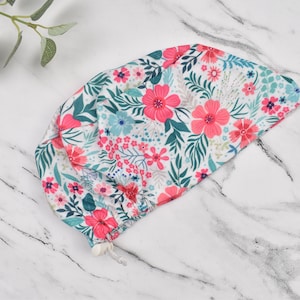 Floral Euro Scrub Cap for Women, Surgical cap Satin Lined Option. Satin lined scrub cap.