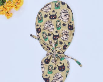 Halloween Ponytail Scrub Cap for women, Cat Euro scrub cap, Halloween Euro Scrub Cap for Women, Surgical cap, Horror scrub caps, scrub hats