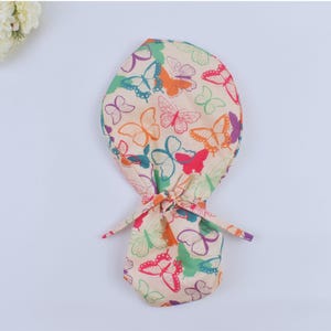 Butterflies on Pink Ponytail scrub cap, Surgical cap women. Satin Lined Option Surgical cap with ponytail, scrub cap in 3 STYLES.