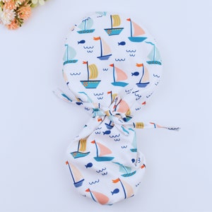 Fishing Boat sea Ponytail scrub cap, Scrub cap with ponytail holder, Surgical cap with ponytail, Scrub caps for women, Satin Lined Scrub cap