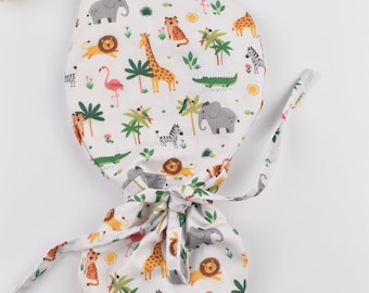 Wild animals ponytail scrub cap, Funny Surgical cap for women. Surgical cap with ponytail. Satin Lined scrub cap.