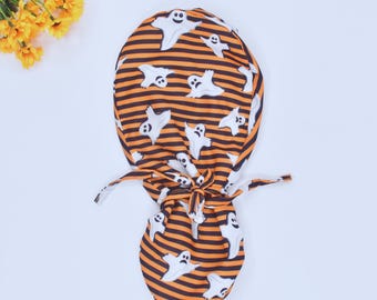 Halloween Pferdeschwanz Scrubbermütze, Spooky Ghost OP-Peeling Mütze, Halloween Euro Eingriff Mütze, Pferdeschwanz Mütze für Frauen, Damen Scrubbermütze