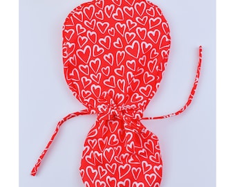 Valentine's day Ponytail scrub cap, Red Hearts Forever surgical cap for women. Satin Lined Option. Button options, 3 STYLE scrub cap