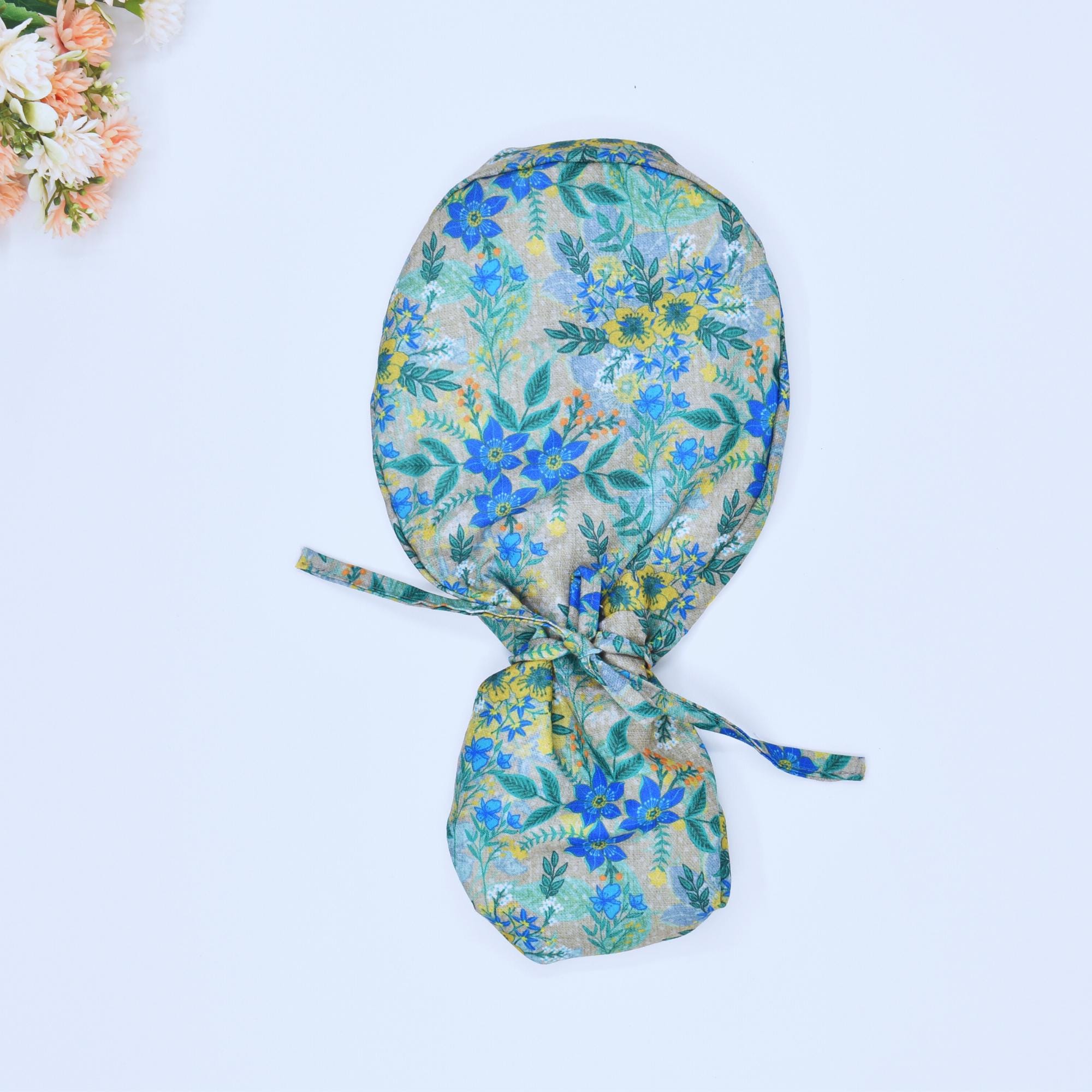 Green Blue Floral Ponytail scrub cap, Surgical cap for women. Satin Lined Option Surgical cap, Green Blue Floral Euro scrub cap, Scrub hats.