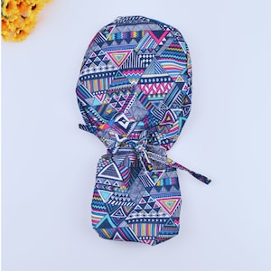 Aztec tribal print Ponytail scrub cap, euro scrub cap, Surgical cap women. Satin Lined Option Surgical cap with ponytail. Satin scrub cap.