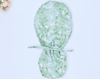 Green Floral Ponytail scrub cap, Surgical cap women. Satin Lined Option Surgical cap, Green Floral Euro scrub cap, Scrub caps for women.